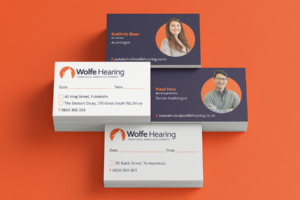 audiology rebrand for Wolfe hearing by angle limited new business cards for the team